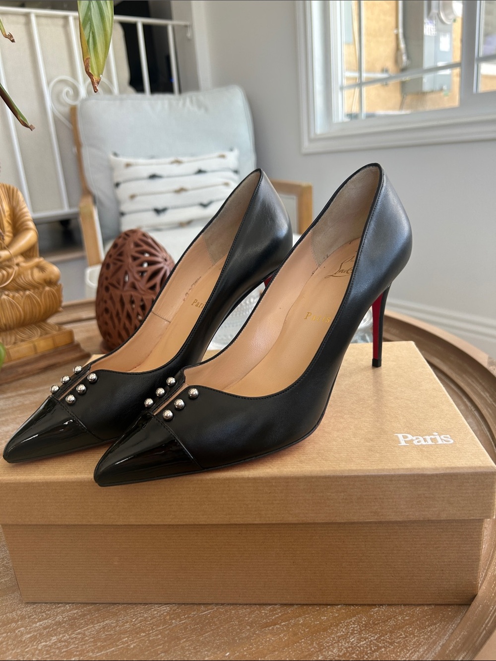 Christian Louboutin Black Leather Pointed Toe Studded Pumps with Red Sole